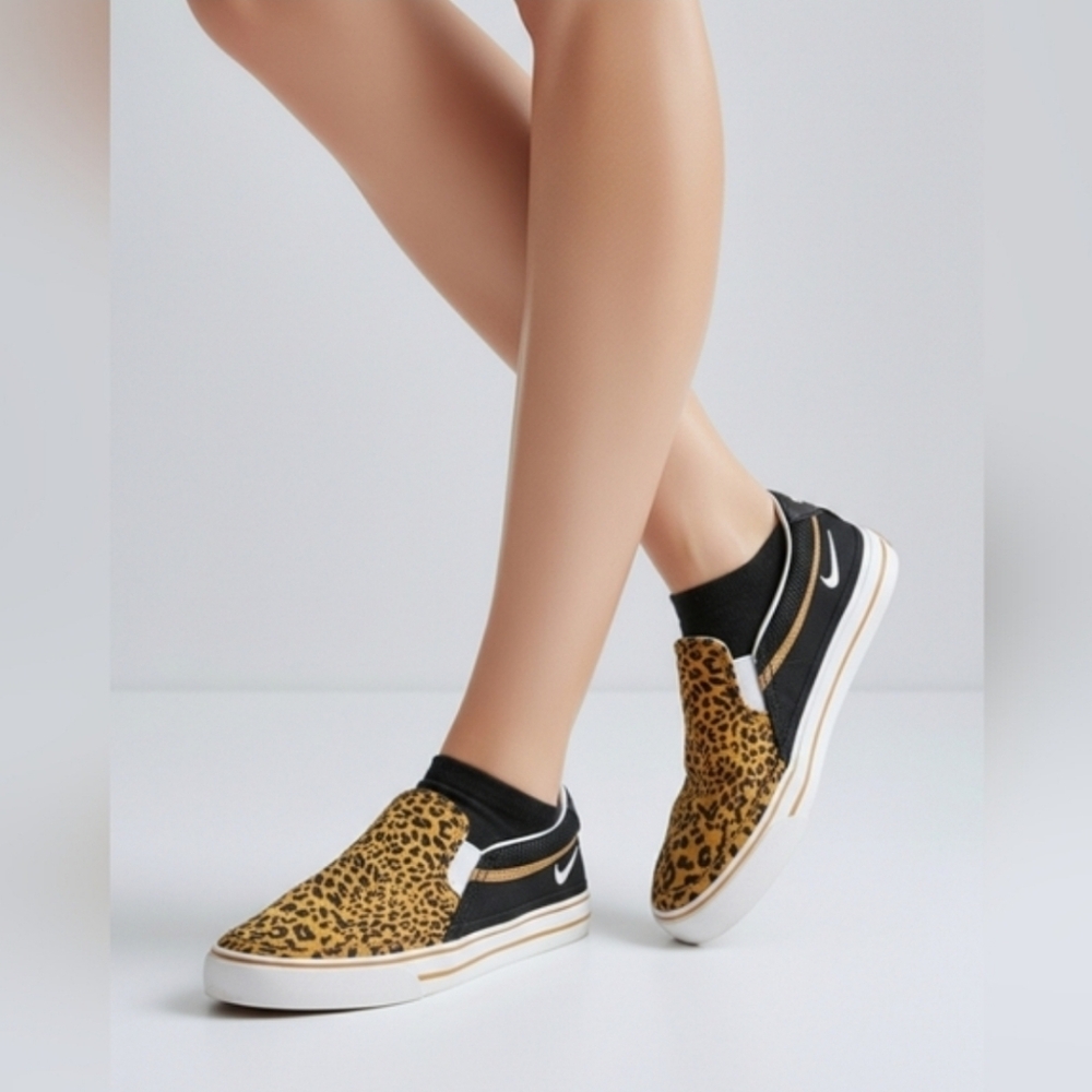 Nike Womens Court Legacy Slip-On Sneakers Leopard Yellow, Black & White